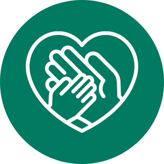 icon of helping hands inside a heart on a blue circle