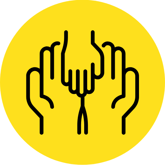 photo of three hands connected together on a yellow circle