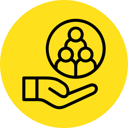 icon of a helping hand with a group of people above it on a yellow circle