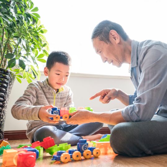 Photo of a man with his grandson. They are sitting cross legged on the floor playing with blocks and a train.